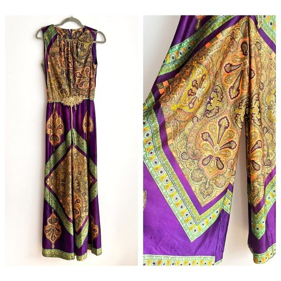 Algo Pants - Vintage Algo 70s Wild Paisley Print Wide Leg Jumpsuit S